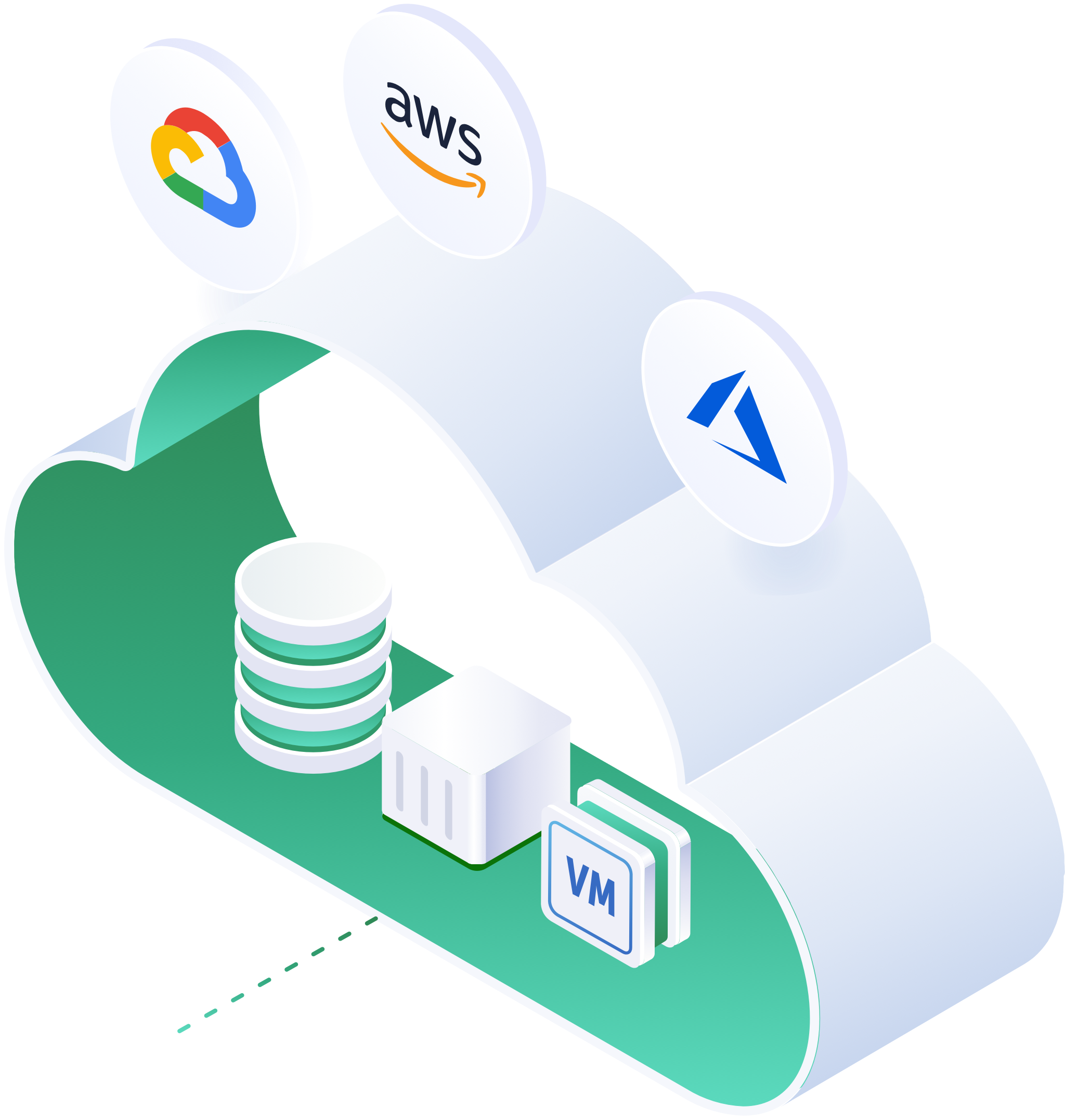 Cloud infrastructure illustration connecting Google Cloud, AWS, and Azure