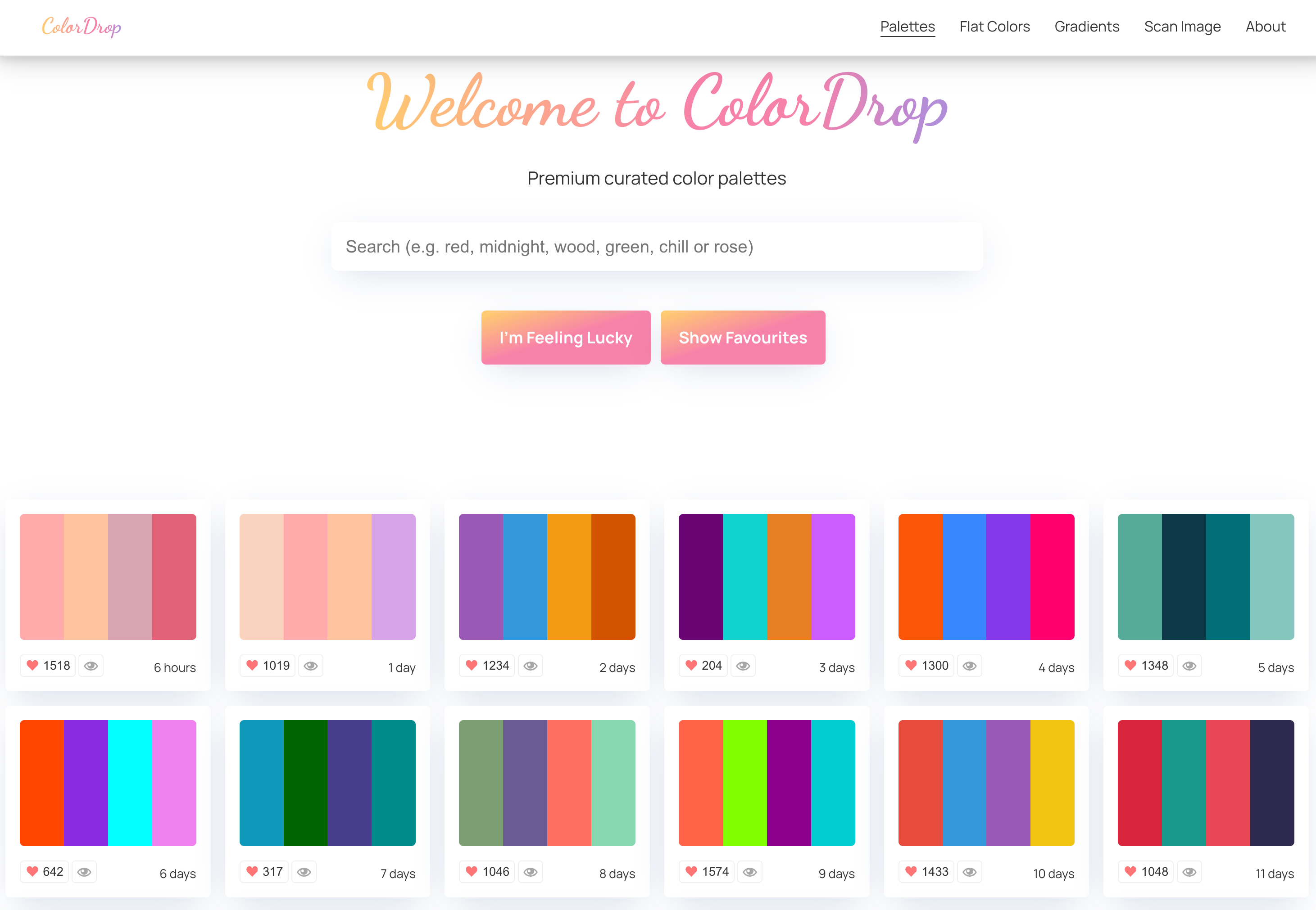 ColorDrop's palette browser, showing rows of curated color combinations